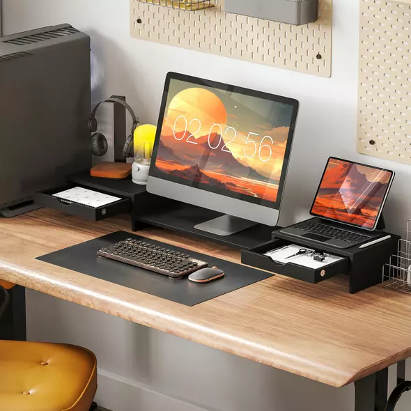 HOMCOM Dual Monitor Stand Riser with 2 Drawers, Adjustable Length and Angle, 116cm Monitor Riser for Laptop, Computer, PC, Small Printer, Black - 2