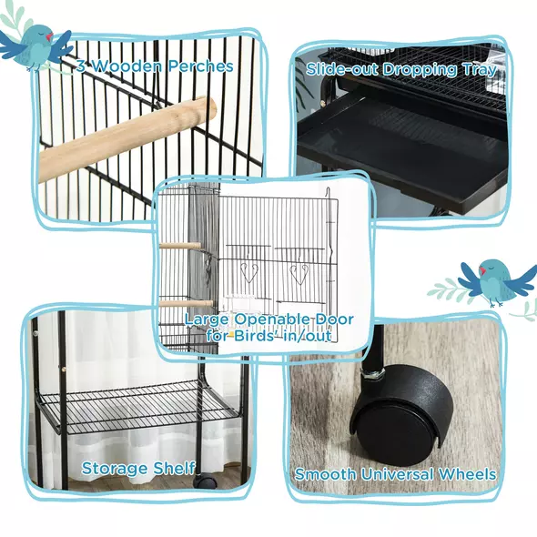 PawHut Bird Cage Budgie Cages for Finch Canary Parakeet with Stand Wheels Slide-out Tray Accessories Storage Shelf, Black - 5