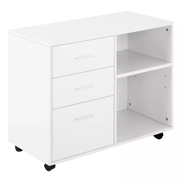 HOMCOM Freestanding Printer Stand Unit Office Desk Side Mobile Storage w/ Wheels 3 Drawers, 2 Open Shelves Modern Style 80L x 40W x 65H cm - White - 1