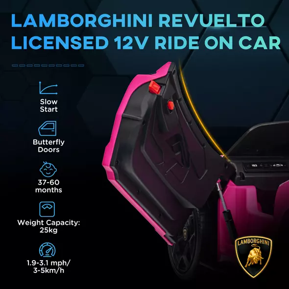 AIYAPLAY Lamborghini Revuelto Licensed 12V Ride on Car w/ Butterfly Doors, Transport Wheels, Suspension, Remote Control, Pink - 4