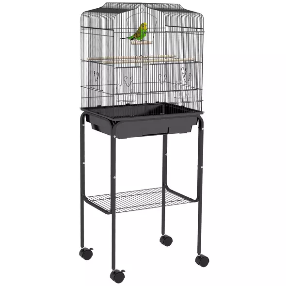 PawHut Bird Cage Budgie Cages for Finch Canary Parakeet with Stand Wheels Slide-out Tray Accessories Storage Shelf, Black - 1