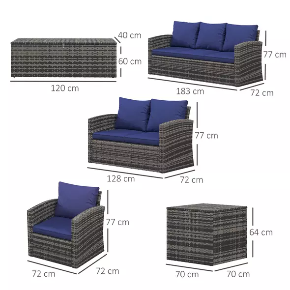 Outsunny 6 Pieces Rattan Garden Furniture Set, 7 Seater Wicker Outdoor Furniture Set with Storage Tea Table & Side Table, Sectional Garden Sofa Set with Cushions, Navy Blue - 3
