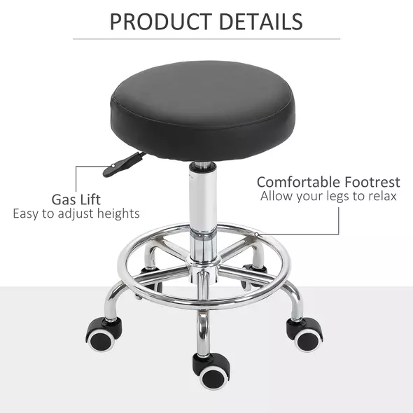 Vinsetto Round Rolling Stool, PU Leather Height Adjustable Stool Chair with Wheels and Swivel Seat for Salon, Massage, Spa, Home Kitchen, Black - 8