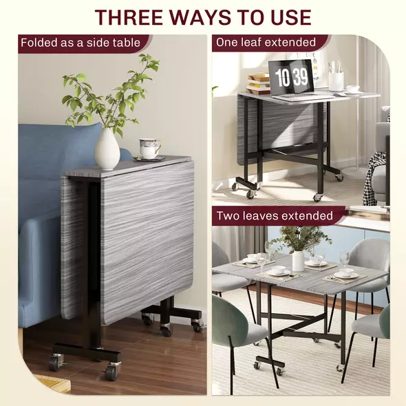 HOMCOM Six-Seater Drop-Leaf Dining Table, with Wheels - Grey Wood-Effect - 4