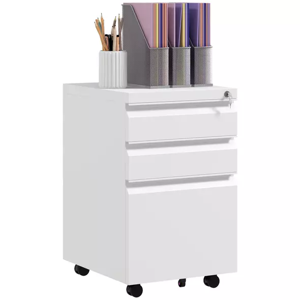 Vinsetto 3-Drawer Filing Cabinet with Lock, Mobile Steel File Cabinet for A4, Legal and Letter Size, Under Desk Drawers with Pre-Assembled Body for Home Office, 37 x 43.5 x 60 cm, White - 1