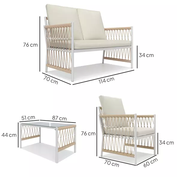 Outsunny 4 Piece Rattan Garden Furniture Set, 4 Seater Wicker Patio Conversation Set with 2 Armchairs, Loveseat, Glass Top Coffee Table and Cushions for Outdoor, Balcony, Khaki - 3