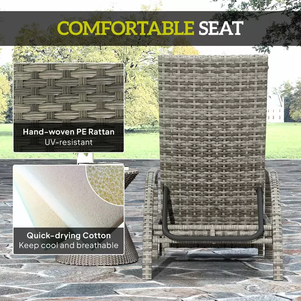 Outsunny Reclining Rattan Lounger, with Extending Footrest - Grey - 6