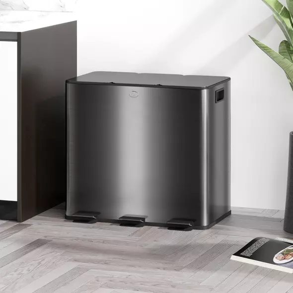 HOMCOM 3 x 15L Pedal Bin, Steel Triple Kitchen Bin with Soft Close Lid, Removable Inner Buckets, Fingerprint-Proof, Black - 2