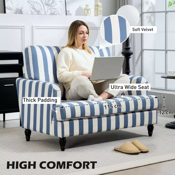 HOMCOM Modern Cuddle Chair, Velvet Single Sofa Armchair with Stripe, Turned Legs and Wide Seat, Upholstered Snuggle Chair for Living Room, Bedroom, Blue and White - 5