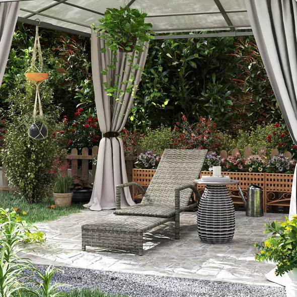 Outsunny Reclining Rattan Lounger, with Extending Footrest - Grey - 8