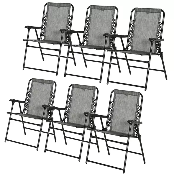Outsunny Set of 6 Patio Folding Chair Set, Garden Portable Outdoor Chairs with Armrest and Breathable Mesh Fabric Seat and Backrest, for Camping, Beach, Deck, Lawn, Grey - 1