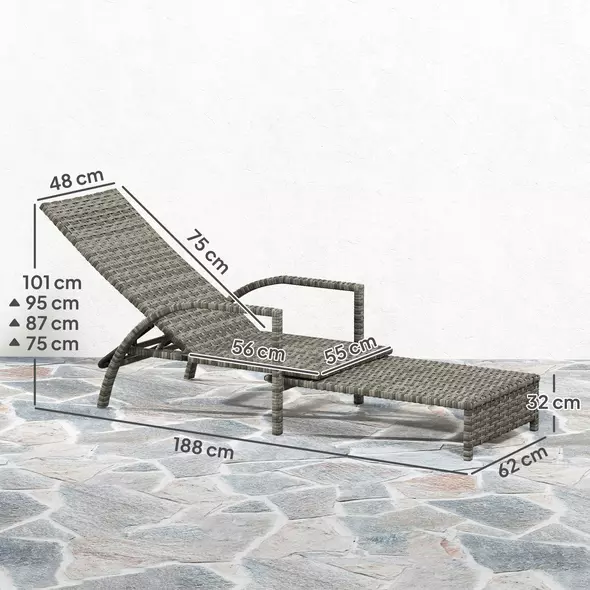 Outsunny Reclining Rattan Lounger, with Extending Footrest - Grey - 3