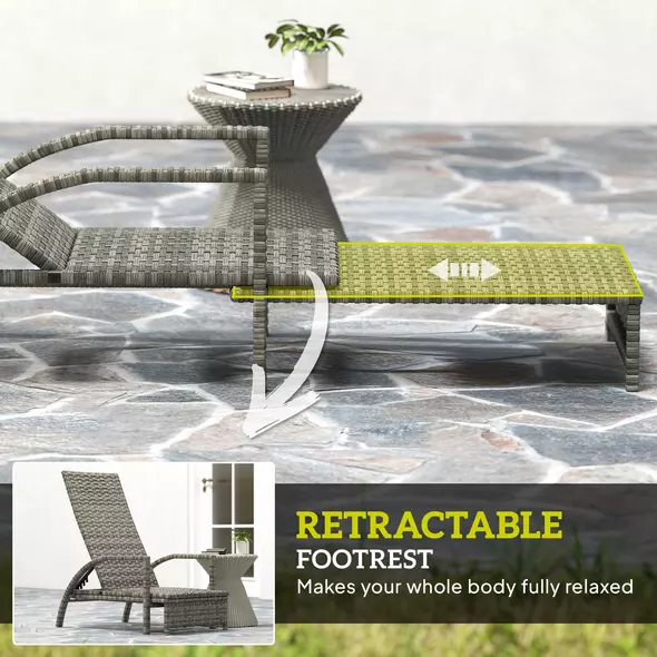 Outsunny Reclining Rattan Lounger, with Extending Footrest - Grey - 5