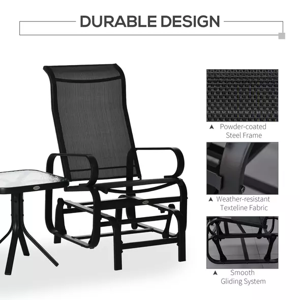 Outsunny 3 Pieces Garden Gliding Chair Set, Metal Frame 2 Single Armchair Swing Seater and 1 Glass Top Coffee Table w/ Breath Mesh Fabric Seat, Black - 5