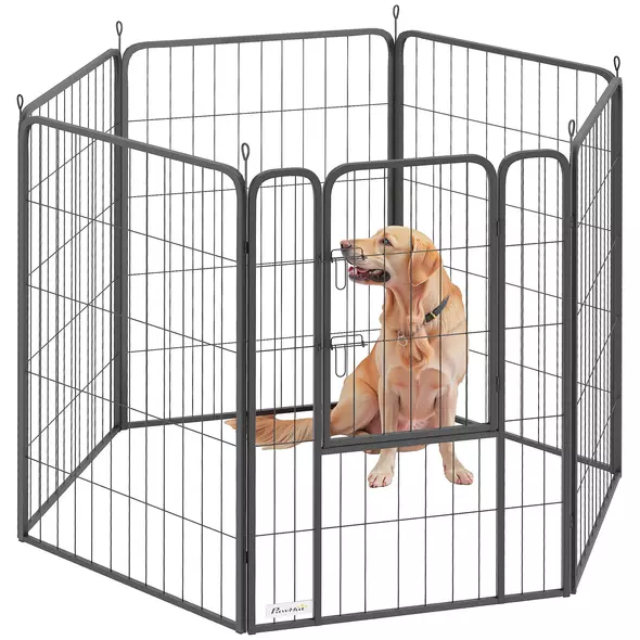 PawHut Six-Panel Dog Playpen with Door, for Large Dogs, Indoors, Outdoors, 100cm Tall, Black - 1