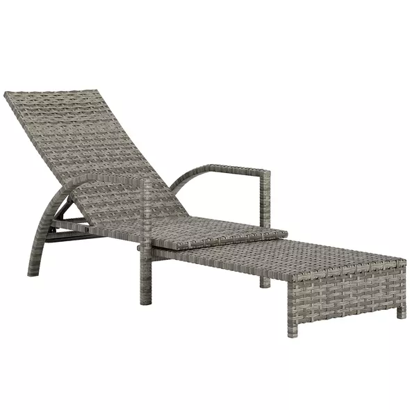 Outsunny Reclining Rattan Lounger, with Extending Footrest - Grey - 1
