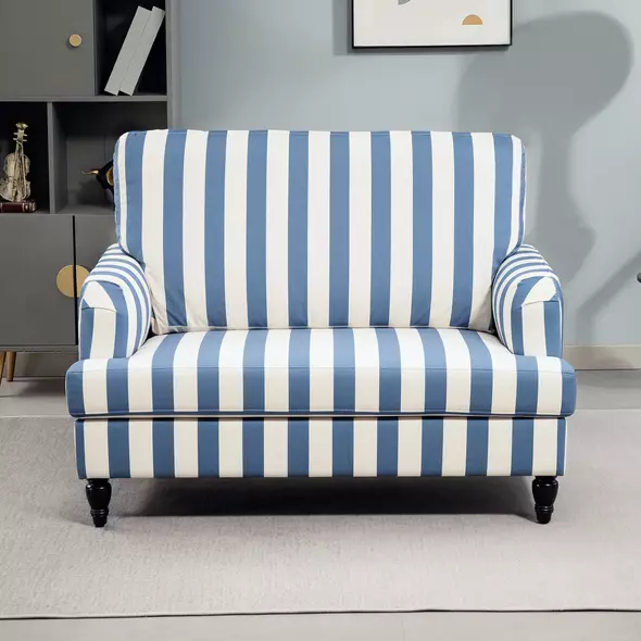 HOMCOM Modern Cuddle Chair, Velvet Single Sofa Armchair with Stripe, Turned Legs and Wide Seat, Upholstered Snuggle Chair for Living Room, Bedroom, Blue and White - 7