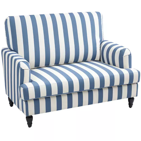 HOMCOM Modern Cuddle Chair, Velvet Single Sofa Armchair with Stripe, Turned Legs and Wide Seat, Upholstered Snuggle Chair for Living Room, Bedroom, Blue and White - 1