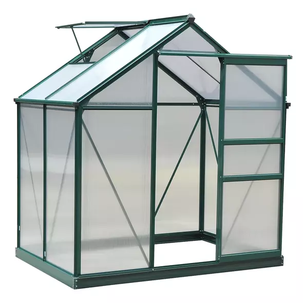 Outsunny 6 x 4ft Polycarbonate Greenhouse, Large Walk-In Green House with Slide Door and Window, Garden Plants Grow House with Aluminium Frame and Foundation, Dark Green - 1