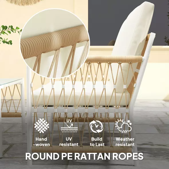 Outsunny 4 Piece Rattan Garden Furniture Set, 4 Seater Wicker Patio Conversation Set with 2 Armchairs, Loveseat, Glass Top Coffee Table and Cushions for Outdoor, Balcony, Khaki - 5