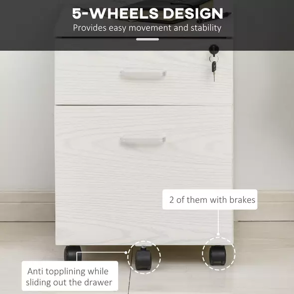 Vinsetto 2-Drawer Locking Office Filing Cabinet w/ 5 Wheels Rolling Storage Hanging A4 Cupboard Home Organisation White Wood Grain - 7