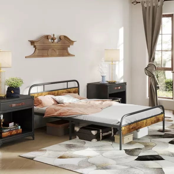 HOMCOM Industrial-Style Double Bed Frame - Black/Brown - 2