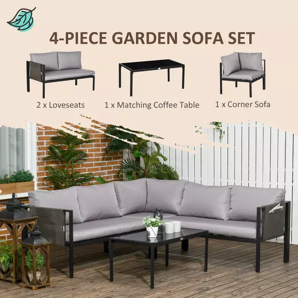 Outsunny 5 Seater Garden Corner Sofa Set, 4 Pieces Metal Garden Furniture Set with Loveseats, Glass Top Coffee Table, Breathable Mesh Pocket, Outdoor Conversation Furniture with Cushions, Light Grey - 4