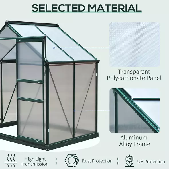 Outsunny 6 x 4ft Polycarbonate Greenhouse, Large Walk-In Green House with Slide Door and Window, Garden Plants Grow House with Aluminium Frame and Foundation, Dark Green - 5