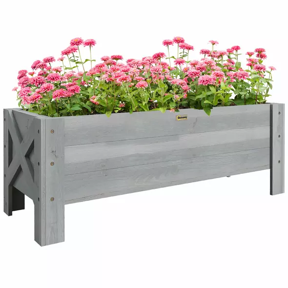 Outsunny 58L Garden Raised Bed Planter Grow Containers for Outdoor Patio Plant Flower Vegetable Pot Fir Wood, 100 x 36.5 x 36 cm, Grey - 1