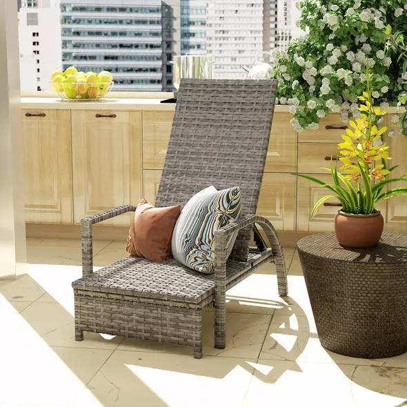 Outsunny Reclining Rattan Lounger, with Extending Footrest - Grey - 9