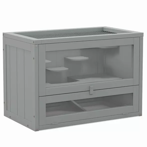 PawHut Wooden Hamster Cage Mouse Mice Rodent Small Animals Hutch Exercise Play House 60 x 35 x 42cm, Grey - 1