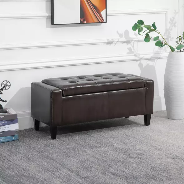 HOMCOM PU Leather Storage Ottoman Bench Storage Chest Tufted Ottoman Cube w/ Flipping Top 92L x 40W x 40H cm Brown - 2
