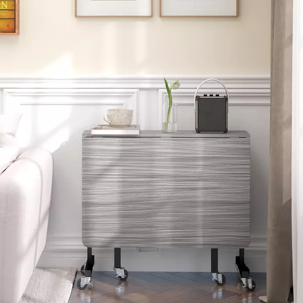 HOMCOM Six-Seater Drop-Leaf Dining Table, with Wheels - Grey Wood-Effect - 7