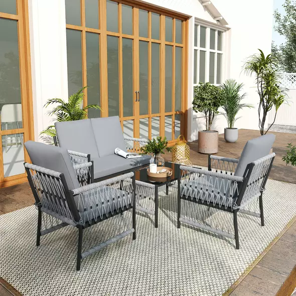 Outsunny 4 Piece Rattan Garden Furniture Set, 4 Seater Wicker Patio Conversation Set with 2 Armchairs, Loveseat, Glass Top Coffee Table and Cushions for Outdoor, Balcony, Grey - 8