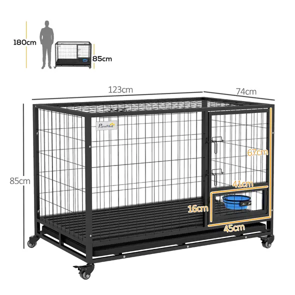 PawHut Heavy Duty Dog Crate on Wheels w/ Bowl Holder, Removable Tray, Openable Top, Detachable Door, for L, XL Dogs - 3