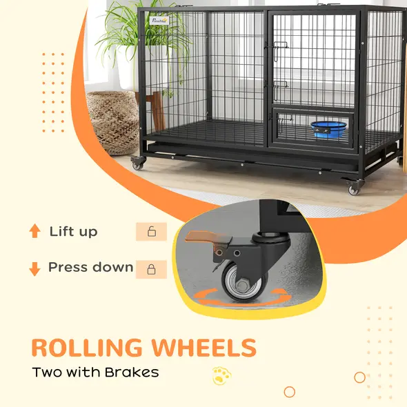 PawHut Heavy Duty Dog Crate on Wheels w/ Bowl Holder, Removable Tray, Openable Top, Detachable Door, for L, XL Dogs - 9