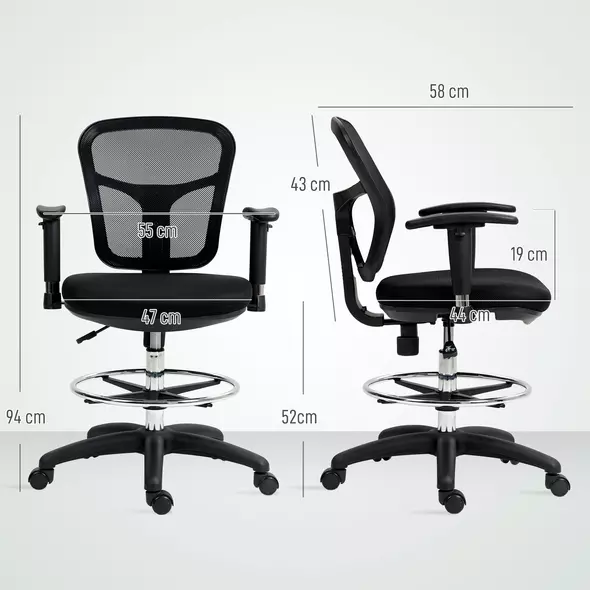 HOMCOM Drafting Chair with Adjustable Armrests, Ergonomic Mesh Office Chair with Lumbar Support, Adjustable Height and Footrest for Standing Desk, Black - 3