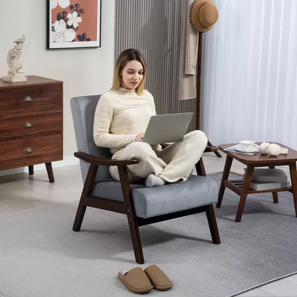 HOMCOM Nordic Accent Chair, Upholstered Velvet Armchair with Solid Wood Frame and Soft Thick Padded for Living Room, Bedroom, Grey - 7