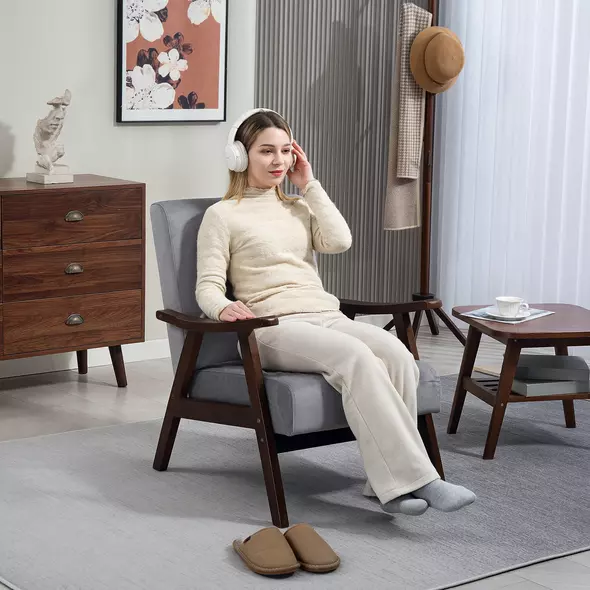 HOMCOM Nordic Accent Chair, Upholstered Velvet Armchair with Solid Wood Frame and Soft Thick Padded for Living Room, Bedroom, Grey - 2