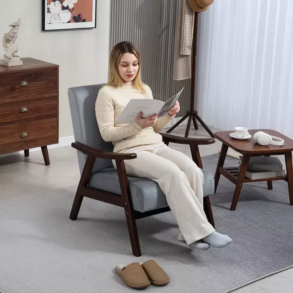 HOMCOM Nordic Accent Chair, Upholstered Velvet Armchair with Solid Wood Frame and Soft Thick Padded for Living Room, Bedroom, Grey - 6