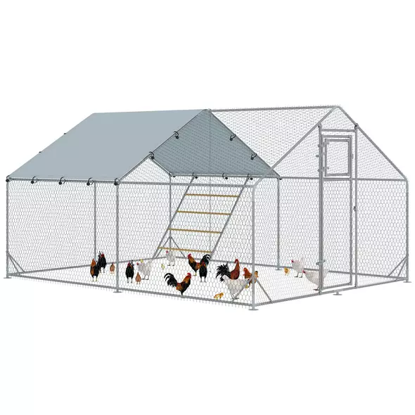 PawHut Walk-in Chicken Run w/ Cover, Feeding Door, Hanging Feeder, Perch, for 12-18 Poultry - 1