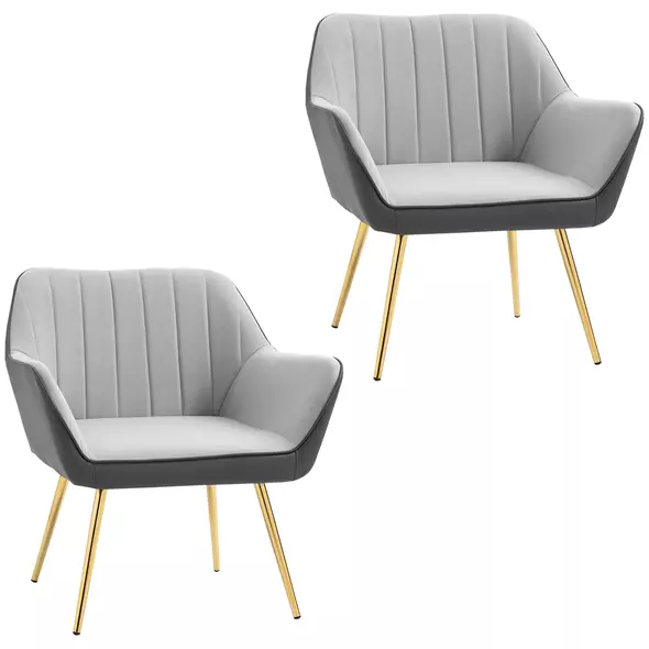 HOMCOM Velvet Armchairs, Upholstered Accent Chairs with Golden Steel Legs, Modern Vanity Chairs for Living Room and Bedroom, Set of 2, Light Grey - 1