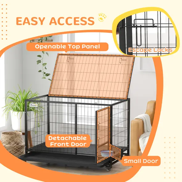 PawHut Heavy Duty Dog Crate on Wheels w/ Bowl Holder, Removable Tray, Openable Top, Detachable Door, for L, XL Dogs - 6