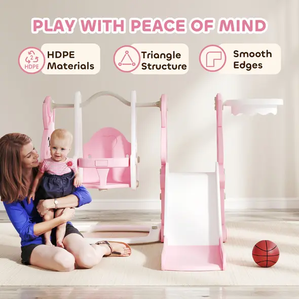 AIYAPLAY 4 in 1 Kids Slide and Swing Set with Climber, Basketball Hoop, Rabbit-Themed, Pink - 7
