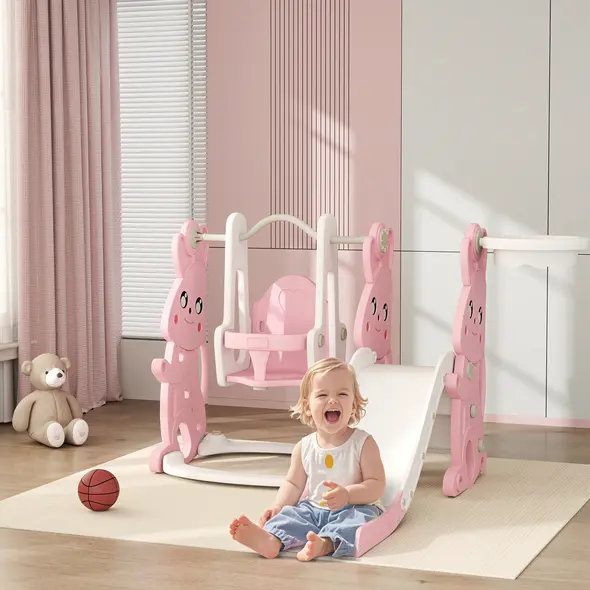 AIYAPLAY 4 in 1 Kids Slide and Swing Set with Climber, Basketball Hoop, Rabbit-Themed, Pink - 2
