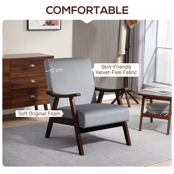 HOMCOM Nordic Accent Chair, Upholstered Velvet Armchair with Solid Wood Frame and Soft Thick Padded for Living Room, Bedroom, Grey - 4