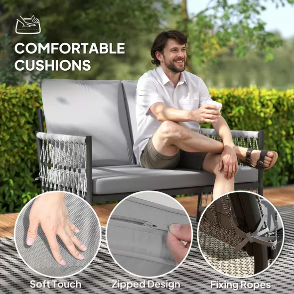 Outsunny 4 Piece Rattan Garden Furniture Set, 4 Seater Wicker Patio Conversation Set with 2 Armchairs, Loveseat, Glass Top Coffee Table and Cushions for Outdoor, Balcony, Grey - 6