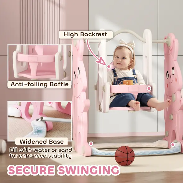 AIYAPLAY 4 in 1 Kids Slide and Swing Set with Climber, Basketball Hoop, Rabbit-Themed, Pink - 6