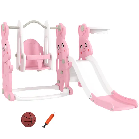 AIYAPLAY 4 in 1 Kids Slide and Swing Set with Climber, Basketball Hoop, Rabbit-Themed, Pink - 1