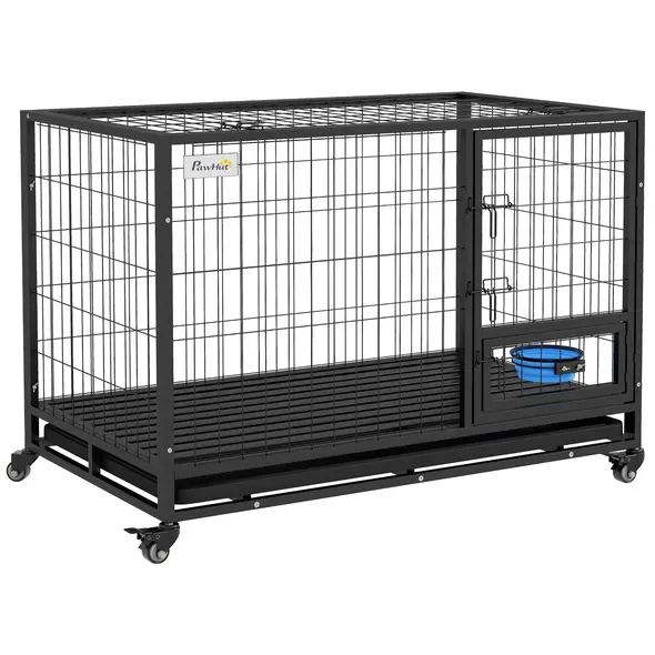 PawHut Heavy Duty Dog Crate on Wheels w/ Bowl Holder, Removable Tray, Openable Top, Detachable Door, for L, XL Dogs - 1